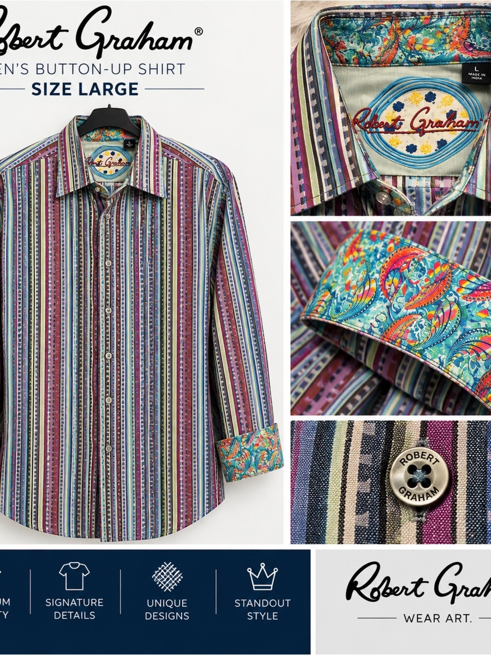 Robert Graham Multicolor Striped Dress Shirt with Paisley Accents